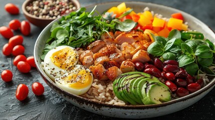 Balanced workout meal plan, photography, arranged on a minimalist concept style. High angle, isolated background. Space for text.