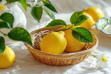 Macro Photo of Lemons in Wicker Basket with Green Leaves and Flowers. Natural Light on White Tablecloth