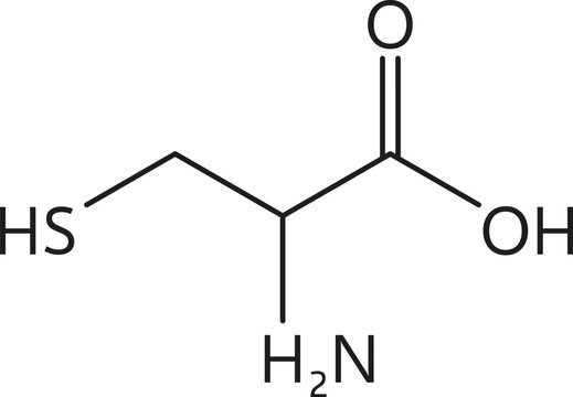 Cysteine amino acid chemical molecule, essential chain structure. Nutritional supplement molecular chain, essential amino acid molecule compound or muscle protein science vector formula