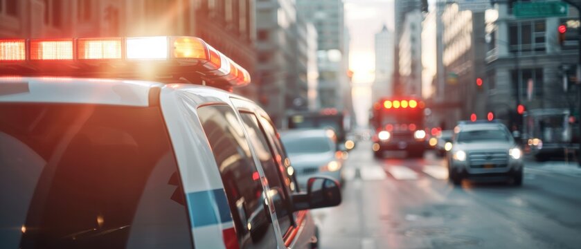 Street with emergency vehicles attending an incident, flow of people and cars, city emergency