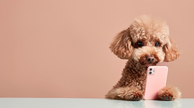 Poodle using a smartphone, stylish dog with tech, amusing pet