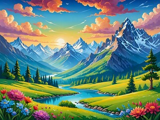 A serene landscape with majestic mountains in the background, overlooking a tranquil valley below, colorful 