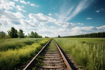 Obraz premium Eisenbahnstrecke durch schöne Landschaft - Schienen in malerischer Natur im Sommer - Ki-Ai generiert