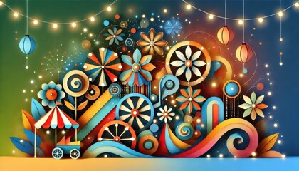 Obraz premium Festive Paper Cut-Out Flowers, Lights, and Carnival Booth.