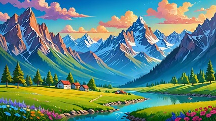 A serene landscape with majestic mountains in the background, overlooking a tranquil valley below, colorful 