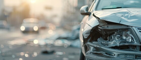 Naklejka premium Car with a bent frame and front-end damage, accident impact, urban environment