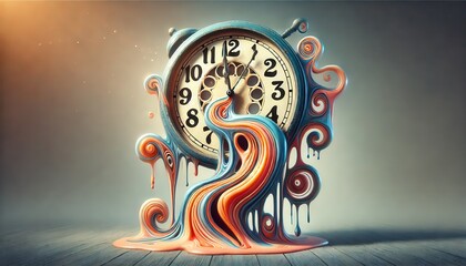Abstract Clock Melted into Colorful Swirls.