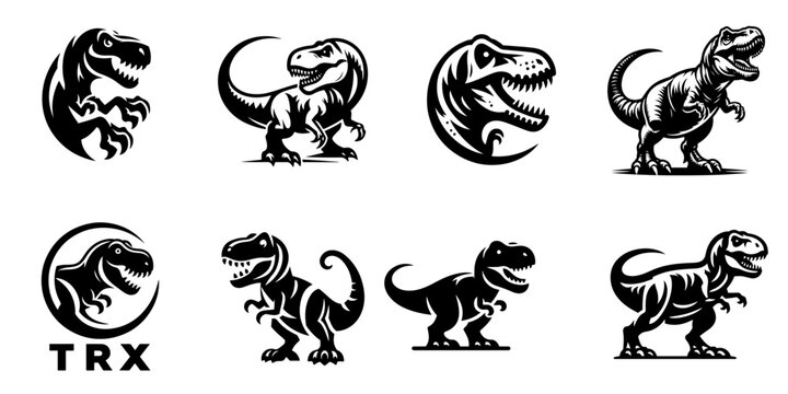 t rex dino logo black and white icon vector, isolated on transparent background