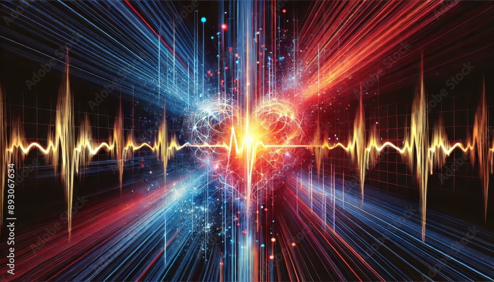 Poster abstract heartbeat pulse with colorful lines and lights.