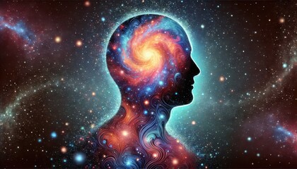 Obraz premium Cosmic Mind - Abstract Human Silhouette with Galaxy Inside