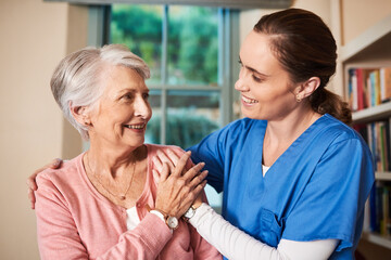 Nurse, senior woman and smile with support at retirement home, helping hand and trust of medical...