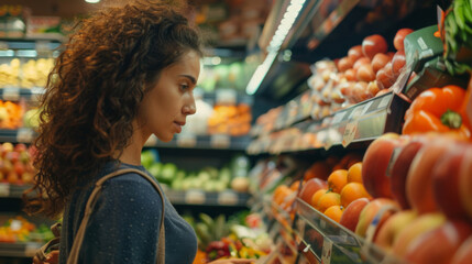 Obraz premium Culinary Cravings: A Young Woman Satisfies Her Grocery List