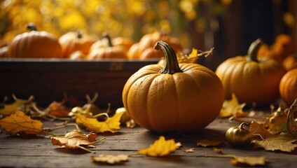 Autumn harvest theme, golden pumpkins, leaves, space for thanksgiving background.