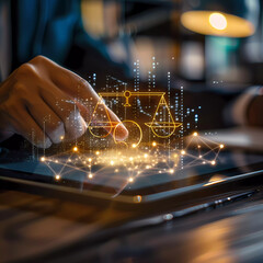 Generative AI A lawyer reviewing a digital smart contract on a tablet in a modern office, symbolizing the transformation of legal processes through blockchain technology, natural light
