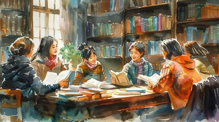 Group of women reading books in a library setting.