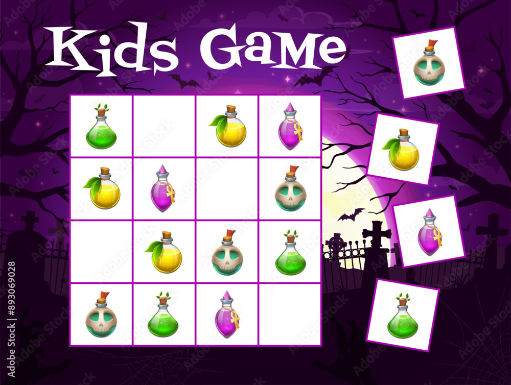 Poster halloween kids sudoku game with magic potion bottles, vector puzzle quiz worksheet. cartoon game to 