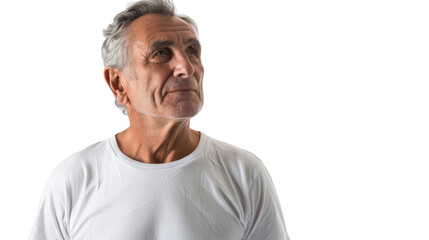 Obraz premium Half body portrait of a contemplative French philosopher in his 60s in a white T-shirt