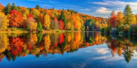 Tranquil autumn scene by the lake with colorful foliage reflected in the water , Autumn, lake, reflection, serene, nature