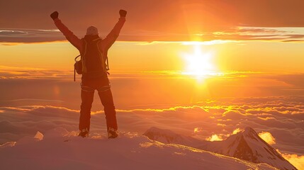 Fototapeta premium Hiker Standing Triumphantly on Mountain 