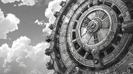 Obraz premium Black and white sketchy illustration featuring cogs with steampunk elements.