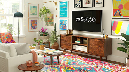 a photo of the interior design of an aesthetic living room with a tv on wall