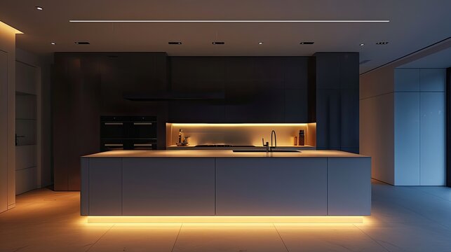 Sleek minimalist kitchen featuring a central island, subtle lighting, and a clutter-free layout