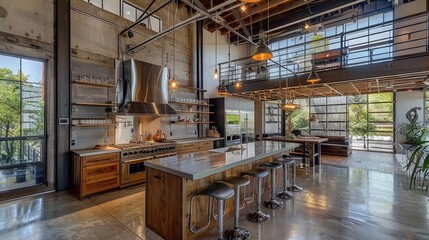 Spacious loft kitchen with high ceilings, metal accents, and a central island with bar seating.