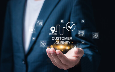 Customer journey concept. journey evaluation, Boost satisfaction, encourage repeat business and drive revenue growth. Businessman hold customer journey icon on virtual screen.