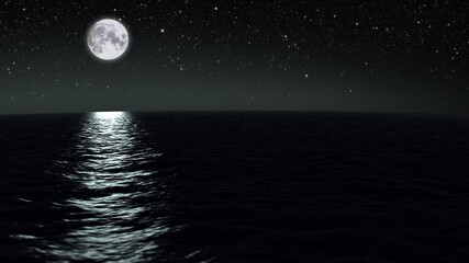 Full moon over water. Night time seamless loop with copy space.
