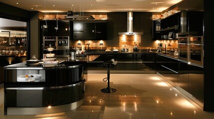Stylish black kitchen with high-gloss cabinets, subtle lighting, and a spacious layout.
