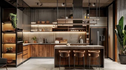 Stylish modern kitchen with open shelving, a blend of wood and metal elements, and contemporary decor.