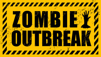 Halloween zombie outbreak grunge warning caution. Monster apocalypse vector awareness banner with yellow background, striped tape frame, black grungy typography and creepy emerging hand of corpse