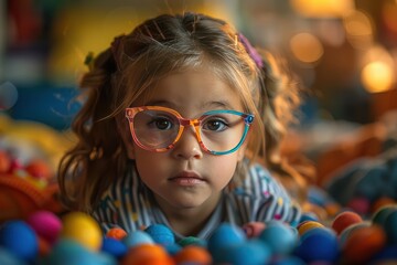 Joyful Young Girl with Pigtails Playing with Toys in Colorful Room