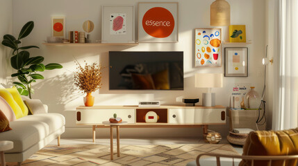 a photo of the interior design of an aesthetic living room with a tv on wall