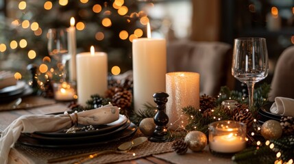 A vibrant New Year celebration background featuring elegant table settings with sparkling candles, festive champagne, shiny ornaments, and warm fairy lights bringing a cozy ambiance.