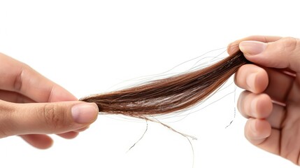 Hand holding a strand of split-ended hair, woman examining damage, isolated on white background