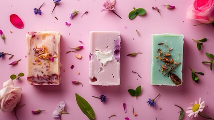 Variety of hree artisan organic soaps on pink background spa or beauty concept top view