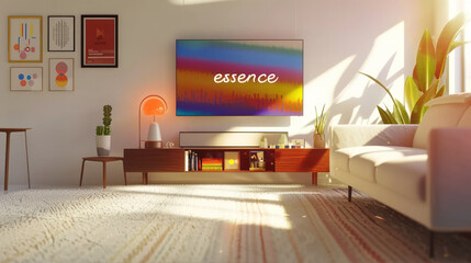 a photo of the interior design of an aesthetic living room with a tv on wall