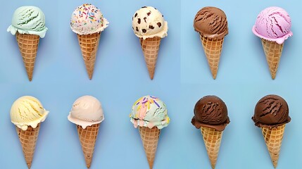 various ice cream balls in waffle cone on blue background
