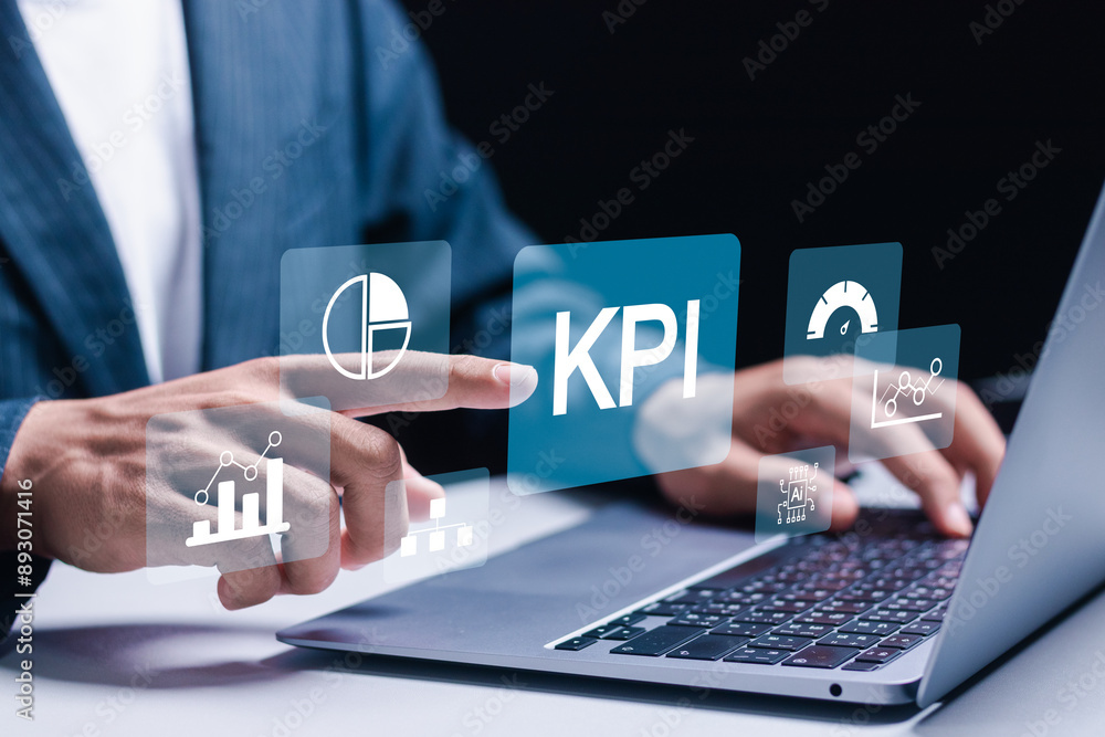 Poster kpi, business performance indicators, businessman working with data management system on virtual scr