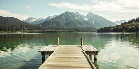 A rustic wooden dock extending into a clear mountain lake in the Alps during summer, mountain, lake, rustic, wooden, dock, pier