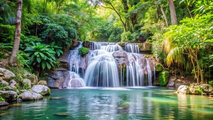 Serene jungle waterfall with water gracefully flowing through it, jungle, waterfall, serene, flowing, nature, landscape