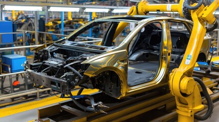 A robotic arm works on a car body in a manufacturing facility, the golden shell of the car reflecting the bright lights of the production line