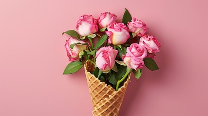 Waffle cone with pink roses flower bouquet on pink background