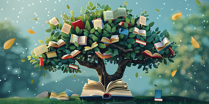 International literacy day concept with tree with books like leaves.