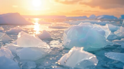The setting sun bathes the ice floes in a soft, golden light, creating a scene of serene beauty