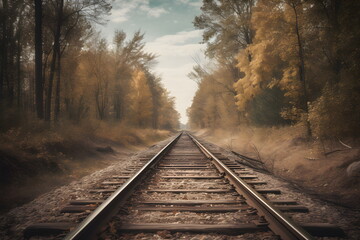 Fototapeta premium Zugstrecke durch die Natur - Eisenbahnschienen durch den Wald - Ai-Ki generiert