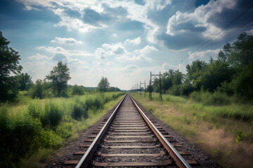 Fototapeta premium Schöne Zugstrecke in malerischer Landschaft - Eisenbahnschienen - Schienen im Sommer - Ai-Ki generiert