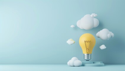 artificial intelligence lightbulb with yellow and white color, pixelated design, floating on blue background