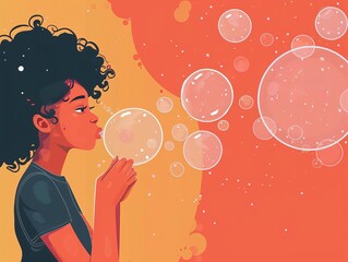 Fototapeta premium Person blowing bubbles with each bubble containing a positive thought, World Mental Health Day Illustration Style, Positive Thoughts